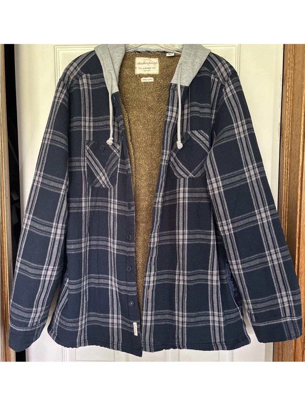 Weatherproof Vintage Mens L/G Plaid Hooded Lined Button-Up Hoodie Blue Gray